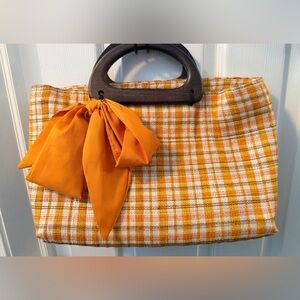 Plaid Orange Handbag with Wooden Handle